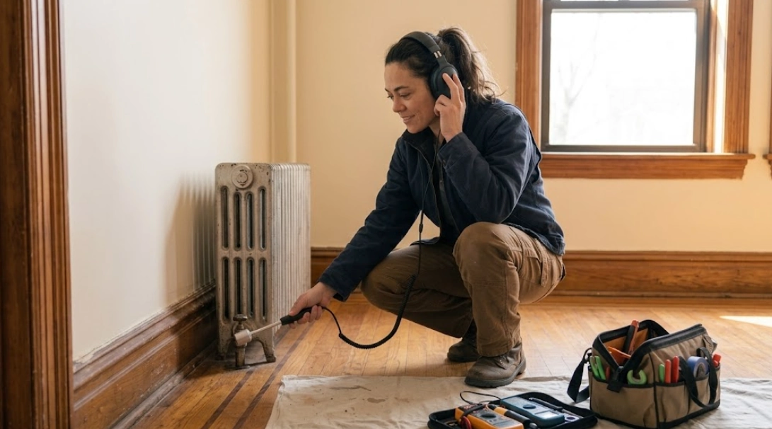 Plumbing technician utilizing digital acoustic listening equipment and thermal imaging to locate concealed water pipe leaks behind finished drywall