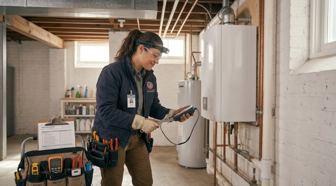 Modern cast-iron residential heating boiler replacement installation showing precision gas piping, circulator flanges, and pressure relief valve